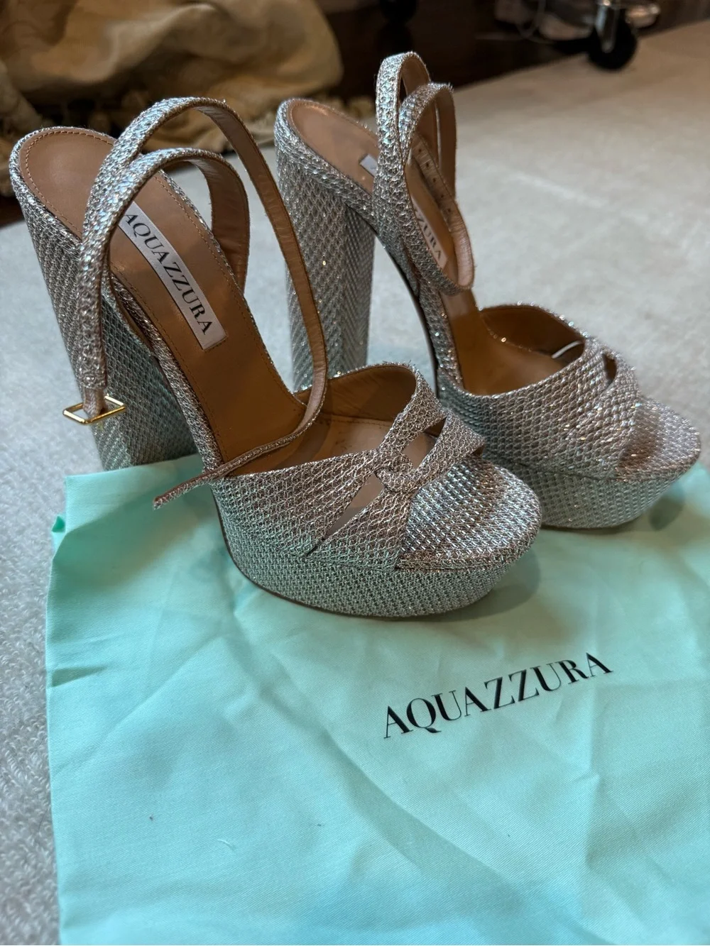Aquazzura Silver Crystal Mesh Platform Slingback Heels